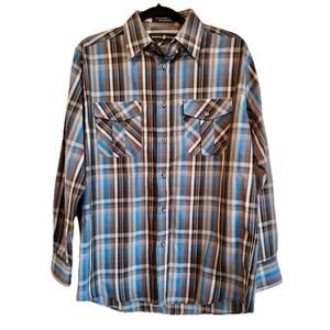 Beverly Hills Polo Club Men’s Medium Plaid Button Down Shirt Blue Gray